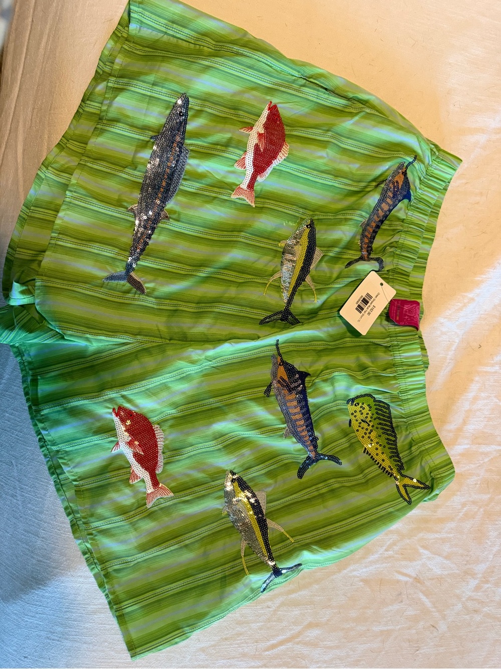 QUEEN OF SPARKLES Green Striped Sequin Fish Embellished Shorts